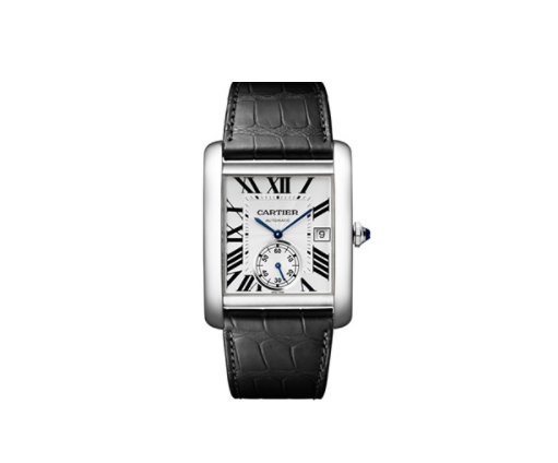 卡地亚坦克系列W5330003银色中盘蓝钢二针半日期显示鳄鱼皮男士机械表