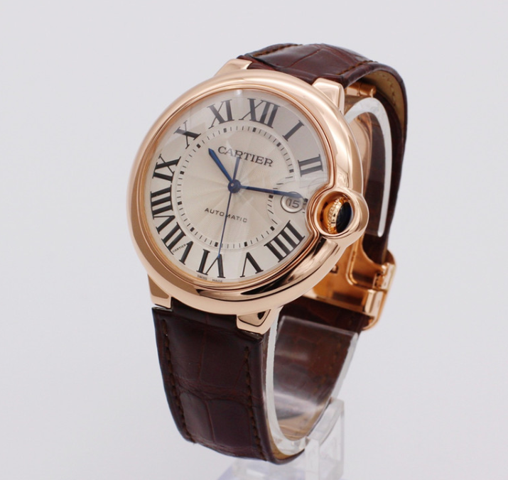 卡地亚蓝气球系列W6900651玫瑰金蓝钢大三针鳄鱼皮银色大盘男士腕表